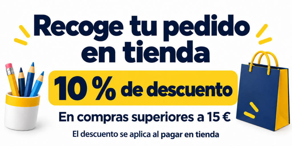 Recoge en tienda: 10 % de descuento en compras superiores a 15 euros. El descuento se aplica al pagar en tienda.
